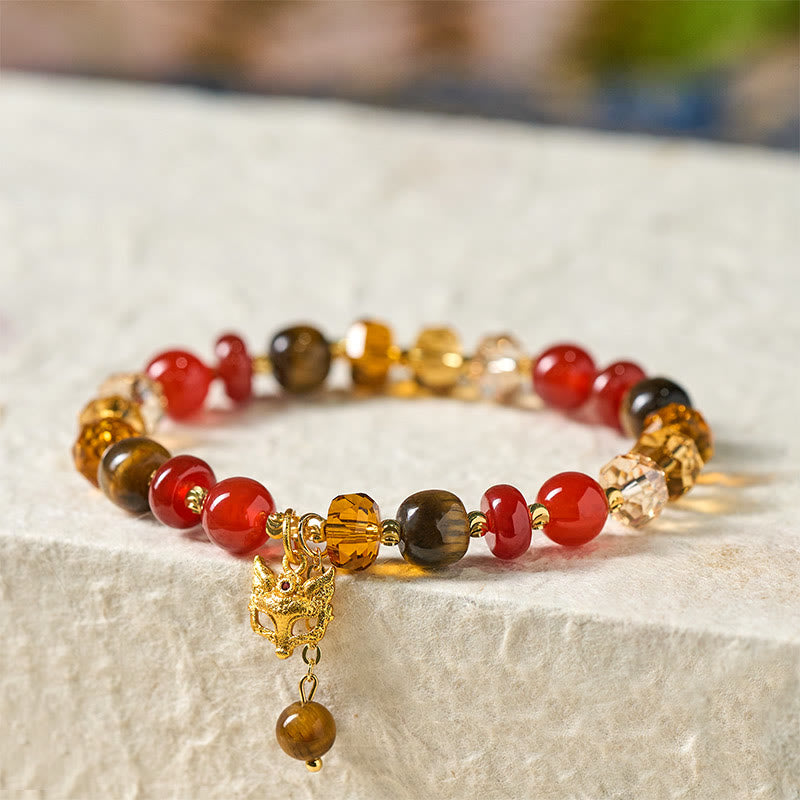Buddha Stones Red Agate Tiger Eye Fox Charm Calm Beaded Bracelet - image 2