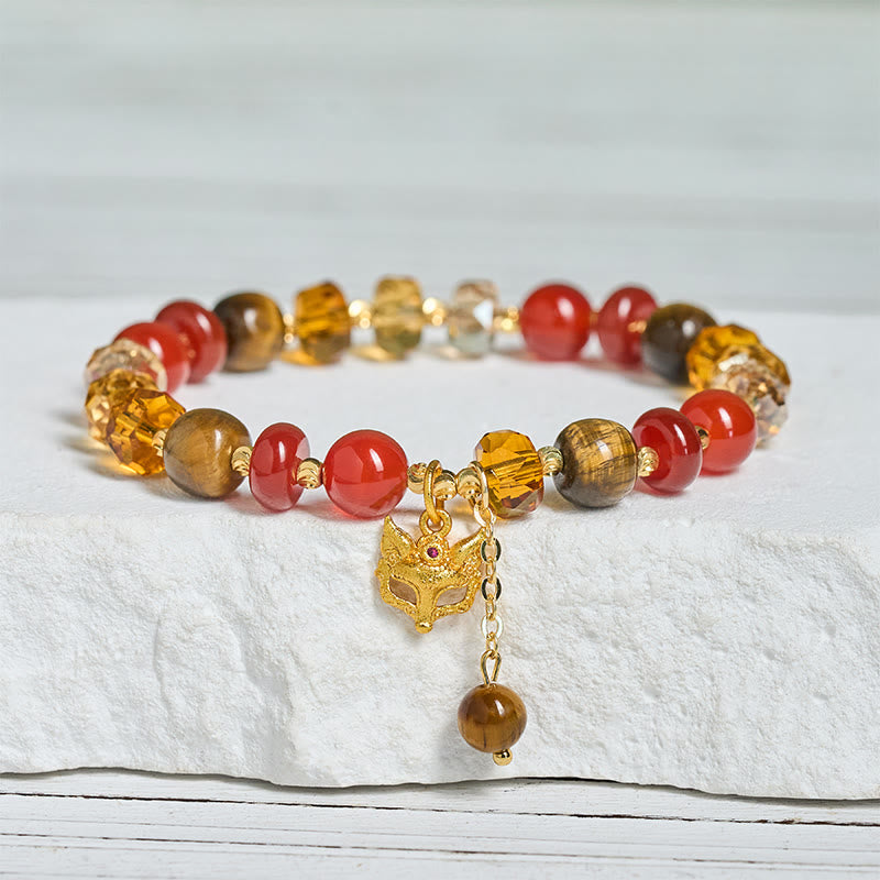 Buddha Stones Red Agate Tiger Eye Fox Charm Calm Beaded Bracelet - image 1