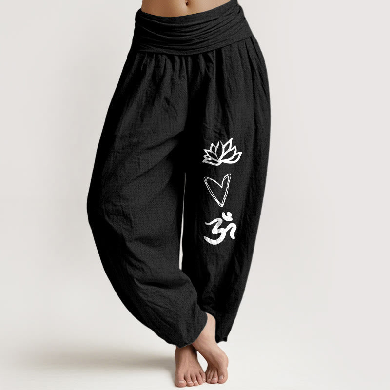 Buddha Stones Pure Cotton Lotus Heart Shape Om Symbol Pattern Women's Elastic Waist Harem Pants - Black - US16,UK/AU20,EU48 (3XL) - image 5