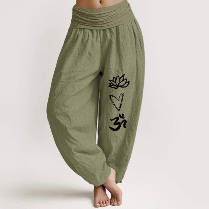 Buddha Stones Pure Cotton Lotus Heart Shape Om Symbol Pattern Women's Elastic Waist Harem Pants - OliveDrab - US16,UK/AU20,EU48 (3XL) - image 14