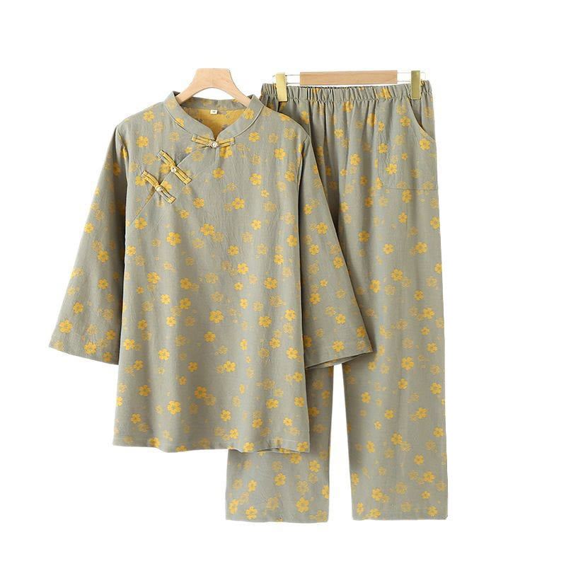 Buddha Stones 2pcs Colorful Floral Long Sleeve Frog-Button Shirt Pants With Pockets Pure Cotton Set - image 4