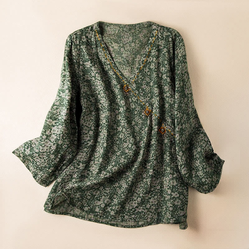 Buddha Stones Spring V-Neck Printed Floral Pattern Women's Long Sleeve Shirt - SeaGreen - US8-10,UK/AU12-14,EU40-42 (2XL) - image 7