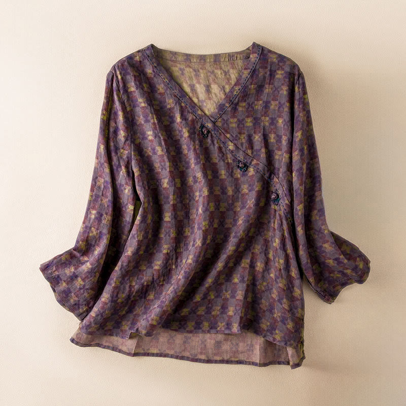 Buddha Stones Spring V-Neck Printed Floral Pattern Women's Long Sleeve Shirt - DarkMagenta - US8-10,UK/AU12-14,EU40-42 (2XL) - image 0