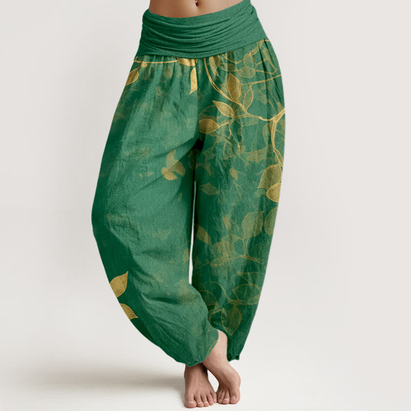 Buddha Stones Pure Cotton Softly Colored Leaves Pattern Women's Elastic Waist Harem Pants - Green - US16,UK/AU20,EU48 (3XL) - image 0