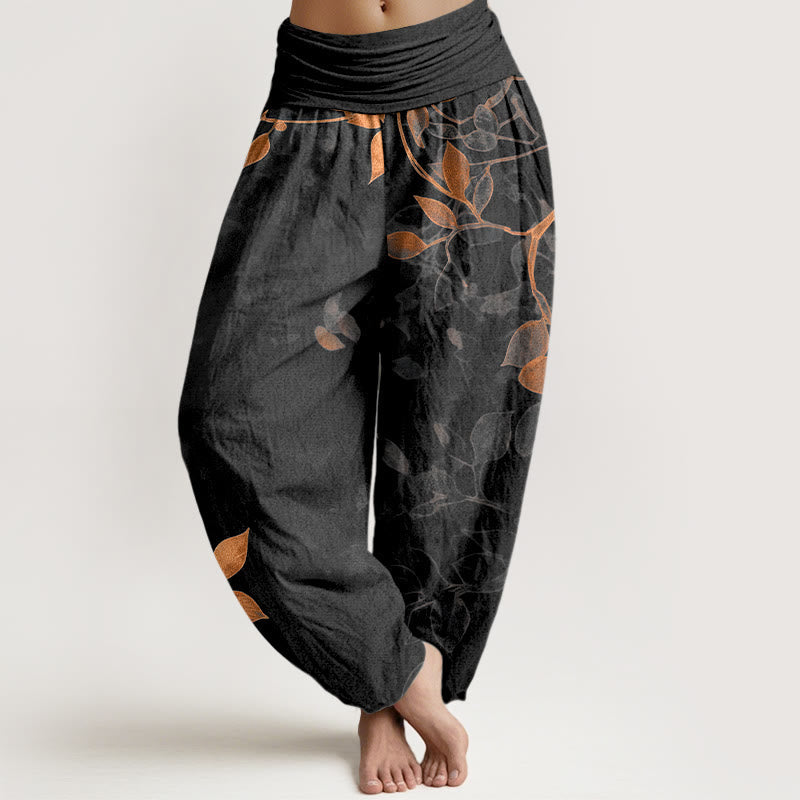 Buddha Stones Pure Cotton Softly Colored Leaves Pattern Women's Elastic Waist Harem Pants - Black - US16,UK/AU20,EU48 (3XL) - image 5