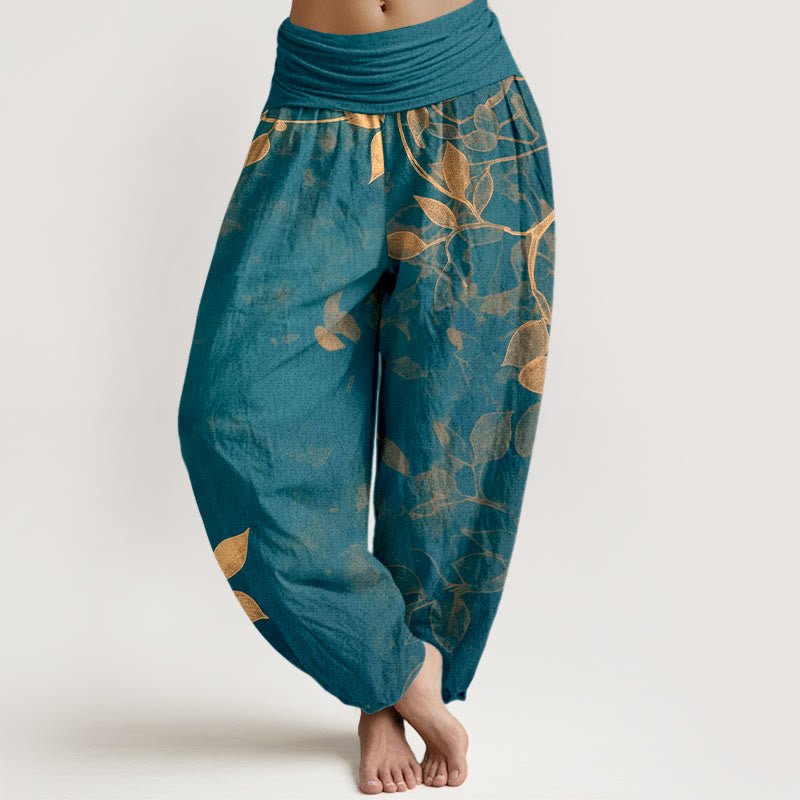 Buddha Stones Pure Cotton Softly Colored Leaves Pattern Women's Elastic Waist Harem Pants - Teal - US16,UK/AU20,EU48 (3XL) - image 8