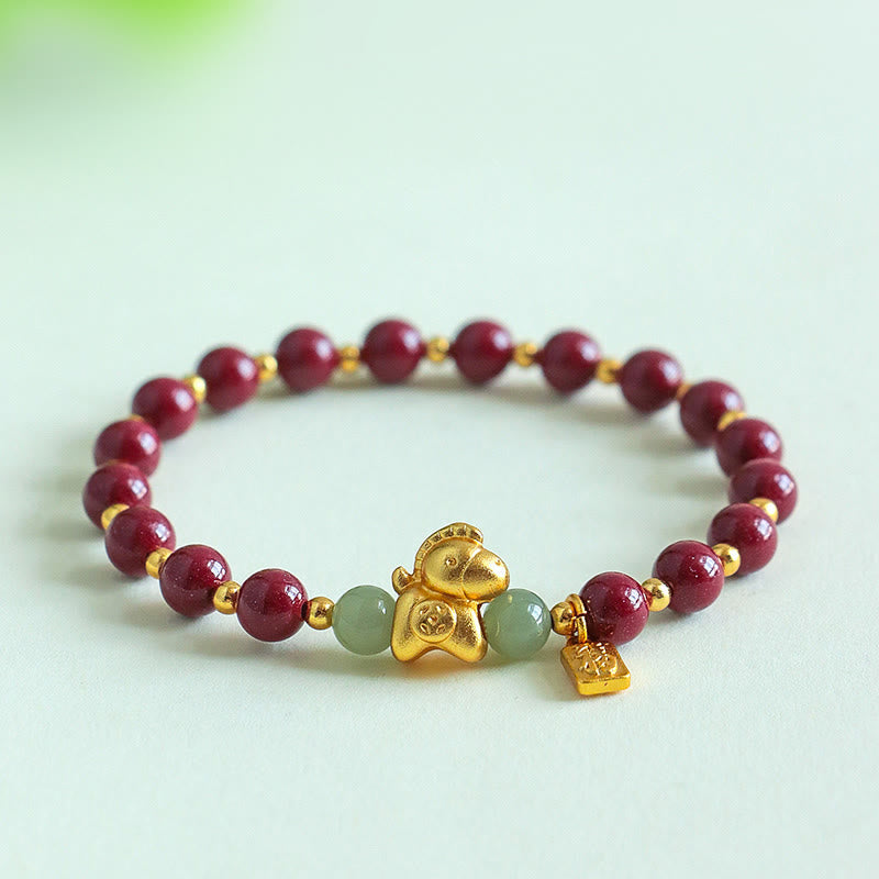 Buddha Stones Chinese Zodiac Year of the Horse Fu Character Cinnabar Hetian Jade Blessing Bracelet - image 0