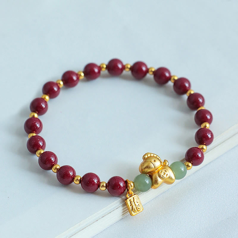 Buddha Stones Chinese Zodiac Year of the Horse Fu Character Cinnabar Hetian Jade Blessing Bracelet - image 2