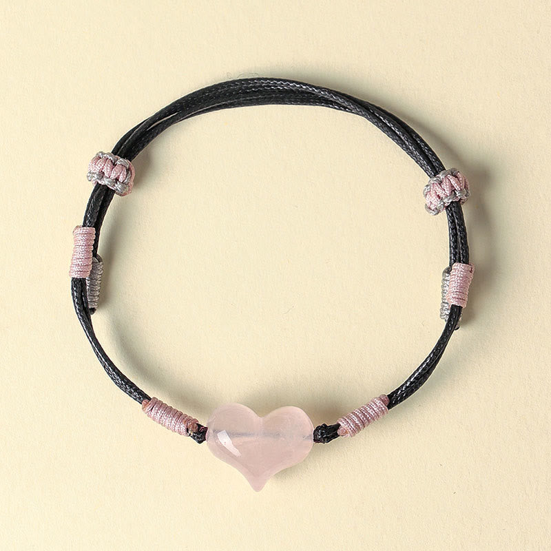Buddha Stones Natural Heart Charm Pink Crystal Braided String Warmth Bracelet - image 2