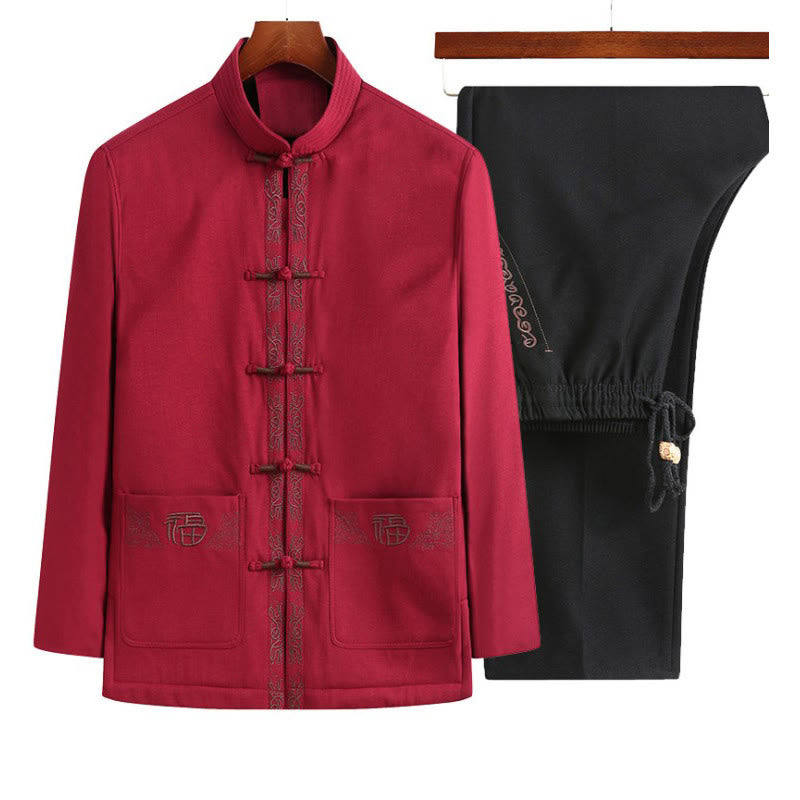 Buddha Stones Fu Character Embroidery Tang Suit Frog-Button Men's Long Sleeve Jacket Shirt Pants - Red Jacket+Black Pants - US/UK/AU44,EU54 (4XL) - image 7