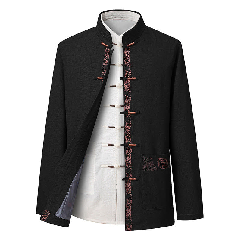 Buddha Stones Fu Character Embroidery Tang Suit Frog-Button Men's Long Sleeve Jacket Shirt Pants - Black Jacket(Jacket Only) - US/UK/AU44,EU54 (4XL) - image 8