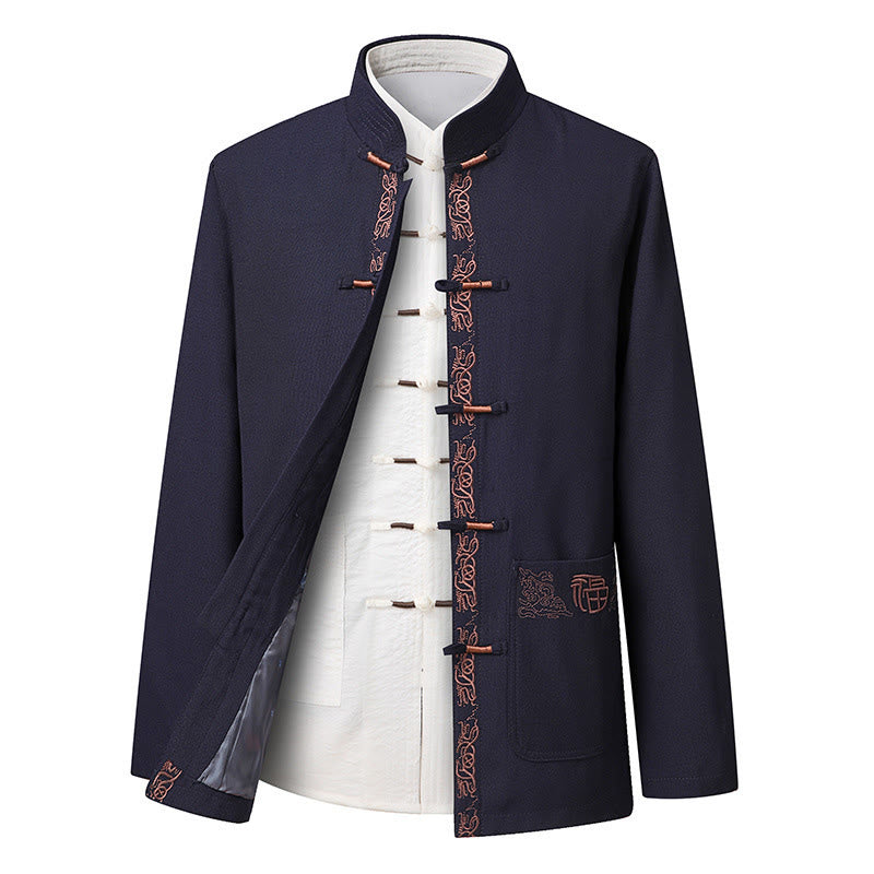 Buddha Stones Fu Character Embroidery Tang Suit Frog-Button Men's Long Sleeve Jacket Shirt Pants - SteelBlue Jacket(Jacket Only) - US/UK/AU44,EU54 (4XL) - image 9