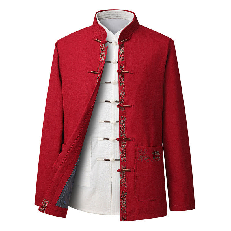 Buddha Stones Fu Character Embroidery Tang Suit Frog-Button Men's Long Sleeve Jacket Shirt Pants - Red Jacket(Jacket Only) - US/UK/AU44,EU54 (4XL) - image 10