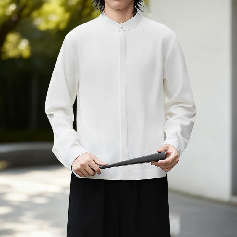 Buddha Stones Fall Solid Color White Men's Long Sleeve Cotton Linen Shirt - White Shirt - US/UK/AU46,EU56 (5XL) - image 0