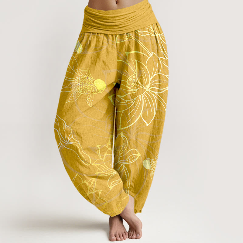 Buddha Stones Cotton Lotus Leaf Koi Fish Women's Elastic Waist Harem Pants - Gold - US22,UK/AU26,EU54 (6XL) - image 10