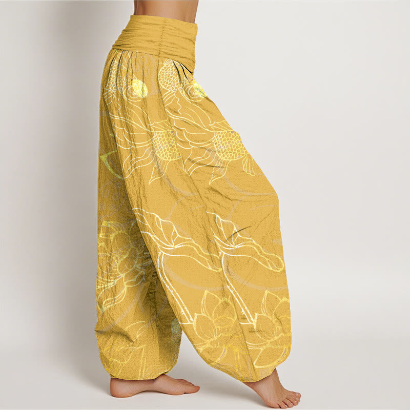 Buddha Stones Pure Cotton Lotus Leaf Koi Fish Women's Elastic Waist Harem Pants - image 13