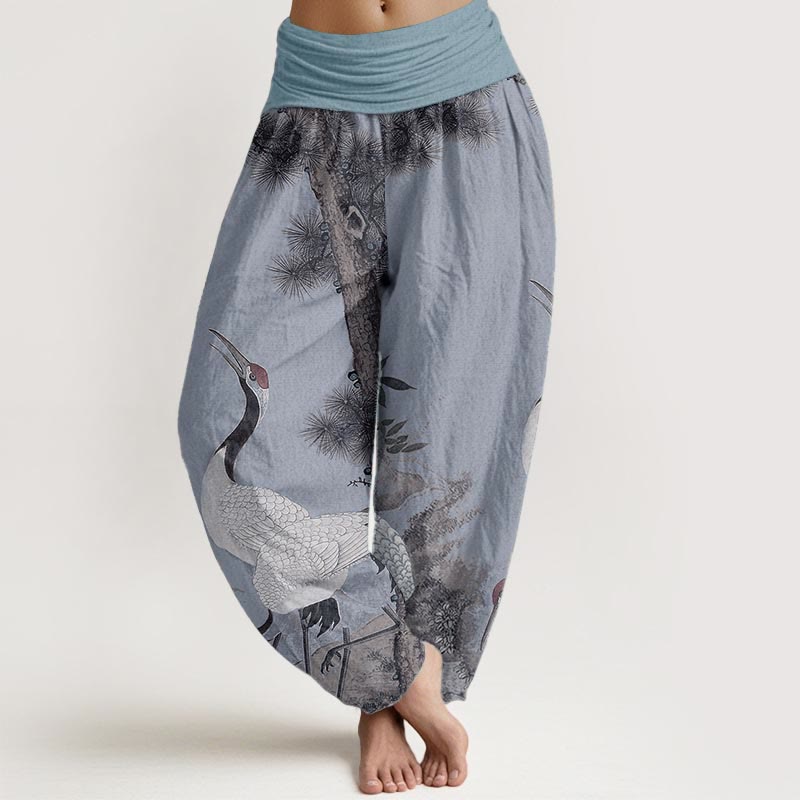 Buddha Stones Pure Cotton Casual Red-crowned Crane Pine Tree Mountain Women's Elastic Waist Harem Pants - LightSteelBlue - US22,UK/AU26,EU54 (6XL) - image 8