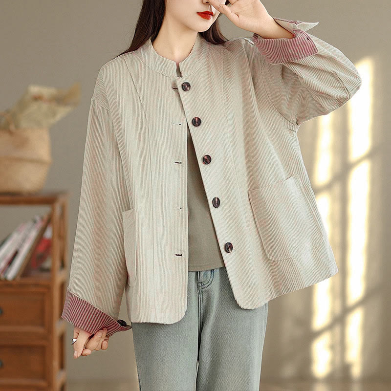 Buddha Stones Buttons Design Corduroy Long Sleeve Women's Jacket With Pockets - Beige - US8-10,UK/AU12-14,EU40-42 (2XL) - image 0