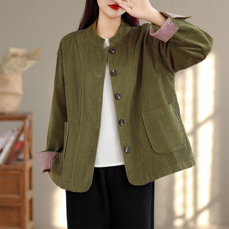 Buddha Stones Buttons Design Corduroy Long Sleeve Women's Jacket With Pockets - OliveDrab - US8-10,UK/AU12-14,EU40-42 (2XL) - image 6