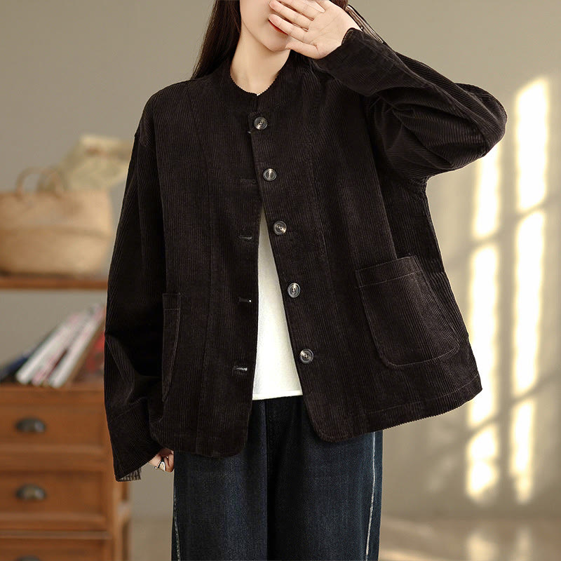 Buddha Stones Buttons Design Corduroy Long Sleeve Women's Jacket With Pockets - Sienna - US8-10,UK/AU12-14,EU40-42 (2XL) - image 17