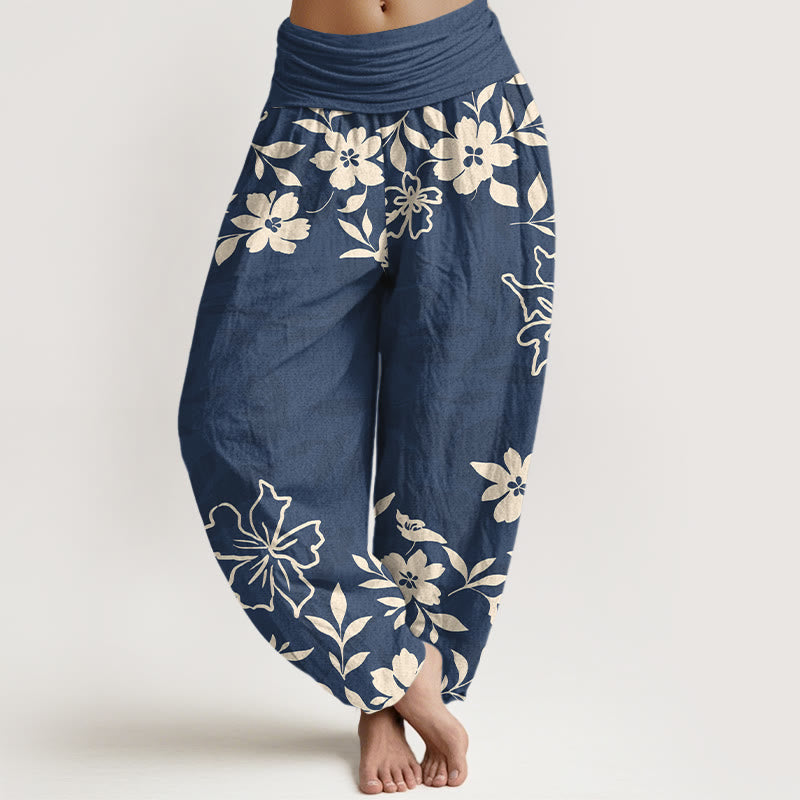 Buddha Stones Cotton Retro Simple Flowers Leaves Pattern Women's Elastic Waist Harem Pants - SteelBlue - US16,UK/AU20,EU48 (3XL) - image 0