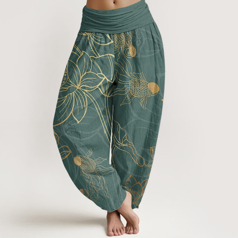 Buddha Stones Cotton Lotus Leaf Koi Fish Women's Elastic Waist Harem Pants - DarkCyan - US22,UK/AU26,EU54 (6XL) - image 0