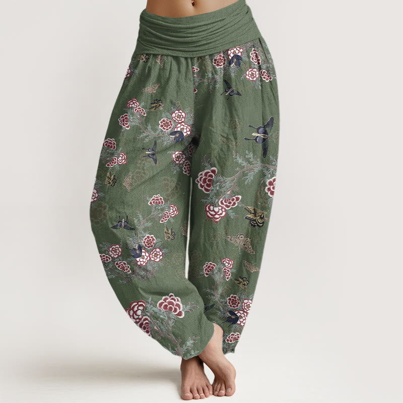 Buddha Stones Cotton Flowers Leaves Butterfly Pattern Women's Elastic Waist Harem Pants - SeaGreen - US16,UK/AU20,EU48 (3XL) - image 5
