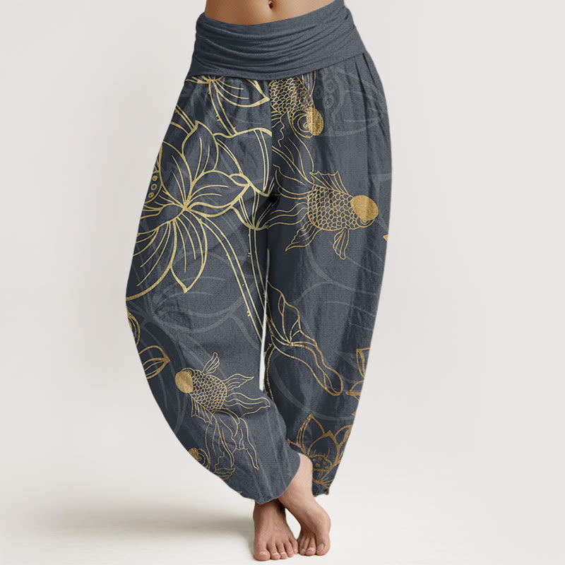 Buddha Stones Cotton Lotus Leaf Koi Fish Women's Elastic Waist Harem Pants - DimGray - US22,UK/AU26,EU54 (6XL) - image 4