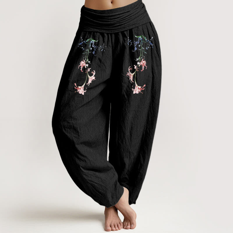 Buddha Stones Pure Cotton Simple Pastel Flower Pattern Women's Elastic Waist Harem Pants - Black - US16,UK/AU20,EU48 (3XL) - image 0