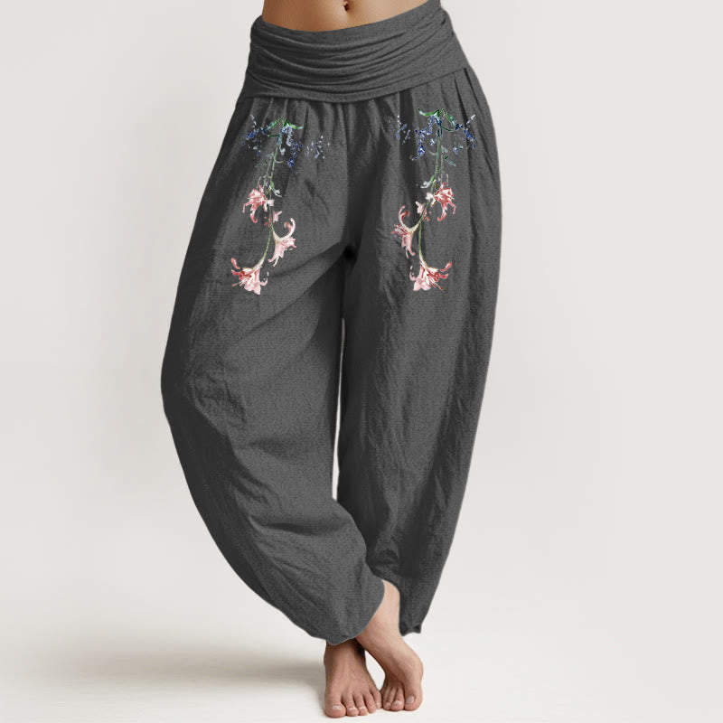 Buddha Stones Pure Cotton Simple Pastel Flower Pattern Women's Elastic Waist Harem Pants - DimGray - US16,UK/AU20,EU48 (3XL) - image 8