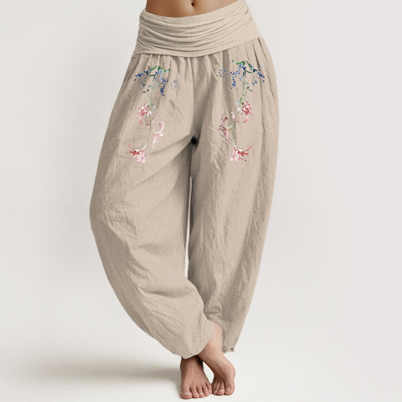 Buddha Stones Pure Cotton Simple Pastel Flower Pattern Women's Elastic Waist Harem Pants - Tan - US16,UK/AU20,EU48 (3XL) - image 11