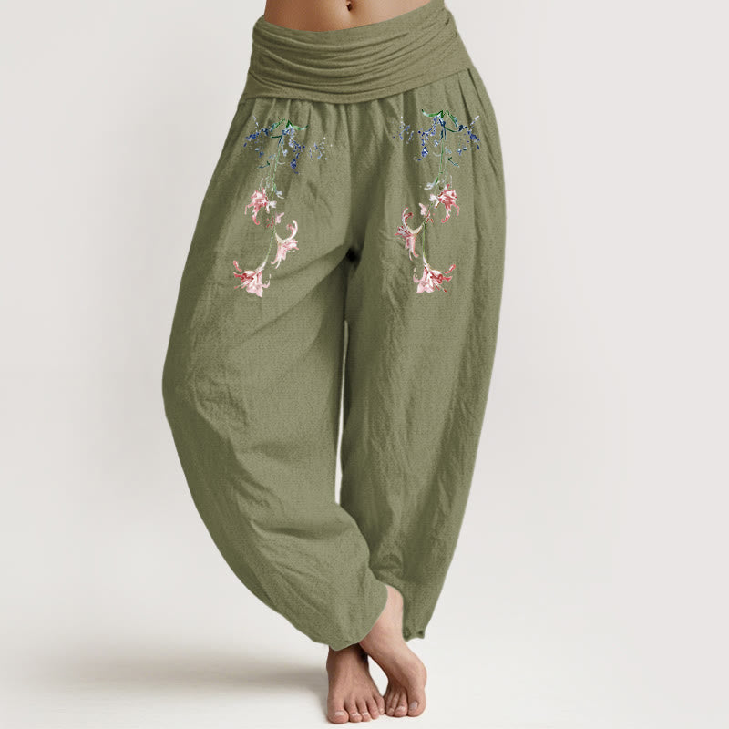 Buddha Stones Pure Cotton Simple Pastel Flower Pattern Women's Elastic Waist Harem Pants - OliveDrab - US16,UK/AU20,EU48 (3XL) - image 14