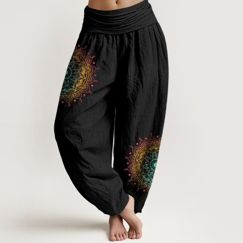 Buddha Stones Pure Cotton Simple Style Mandala Pattern Women's Elastic Waist Harem Pants - Black - US16,UK/AU20,EU48 (3XL) - image 0