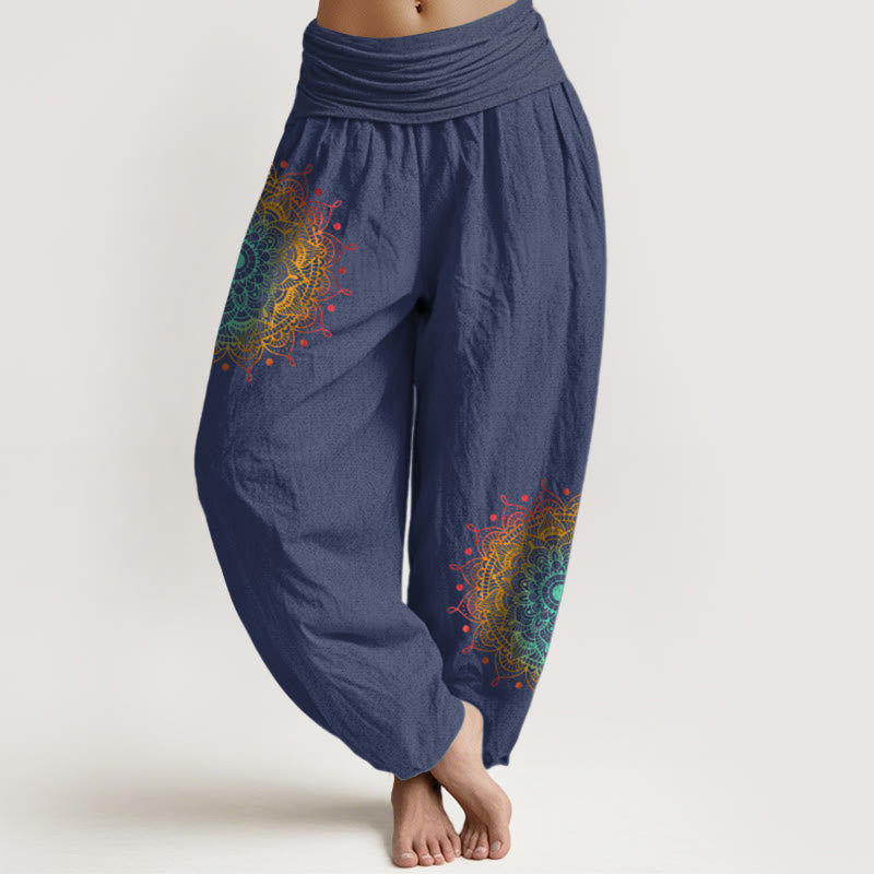 Buddha Stones Pure Cotton Simple Style Mandala Pattern Women's Elastic Waist Harem Pants - DarkSlateBlue - US16,UK/AU20,EU48 (3XL) - image 5