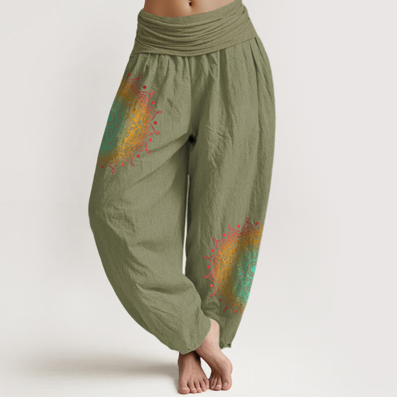 Buddha Stones Pure Cotton Simple Style Mandala Pattern Women's Elastic Waist Harem Pants - OliveDrab - US16,UK/AU20,EU48 (3XL) - image 14