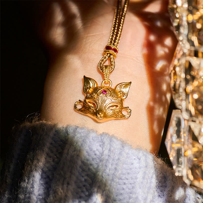 Buddha Stones 24k Gold Plated Brass Fox Charm Texture Rope Necklace Pendant - image 6