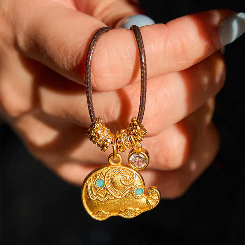 Buddha Stones Elephant Symbol 24k Gold Plated Brass Strength Rope Necklace Pendant - image 6