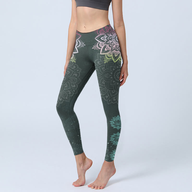 Buddha Stones Symmetry Mandalas Lotus Flowers Pattern Print Gym Leggings Women's Yoga Pants - DarkGreen - US18,UK/AU22,EU50 (4XL) - image 0