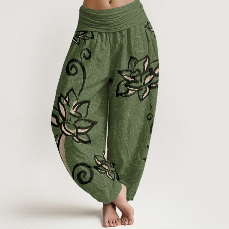 Buddha Stones Cotton Casual Lotus Auspicious Clouds Design Women's Elastic Waist Harem Pants - MediumSeaGreen - US22,UK/AU26,EU54 (6XL) - image 0