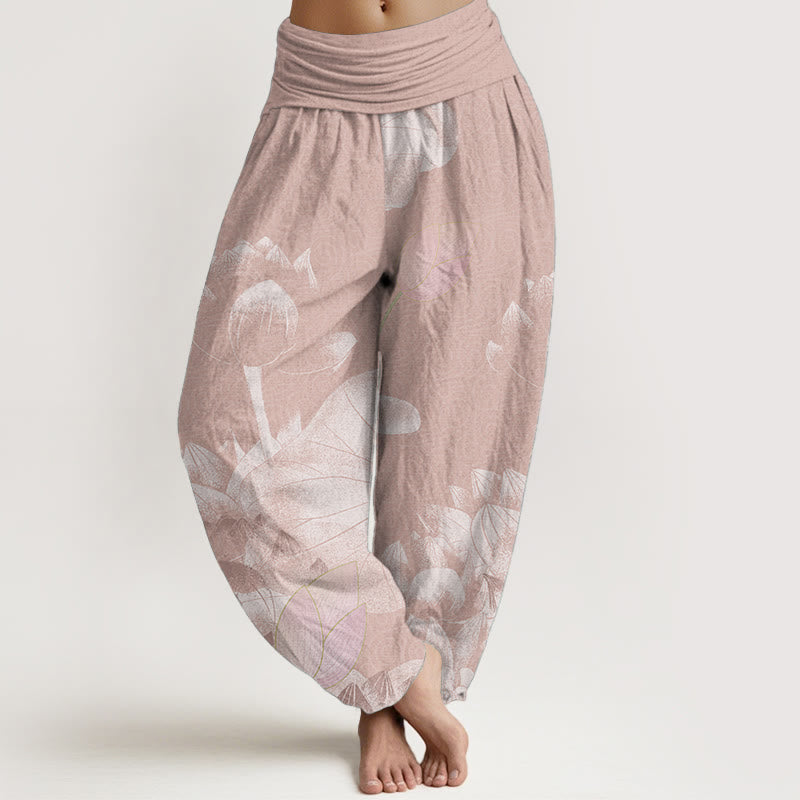 Buddha Stones Cotton Pink And White Lotus Women's Elastic Waist Harem Pants - DarkSalmon - US22,UK/AU26,EU54 (6XL) - image 0