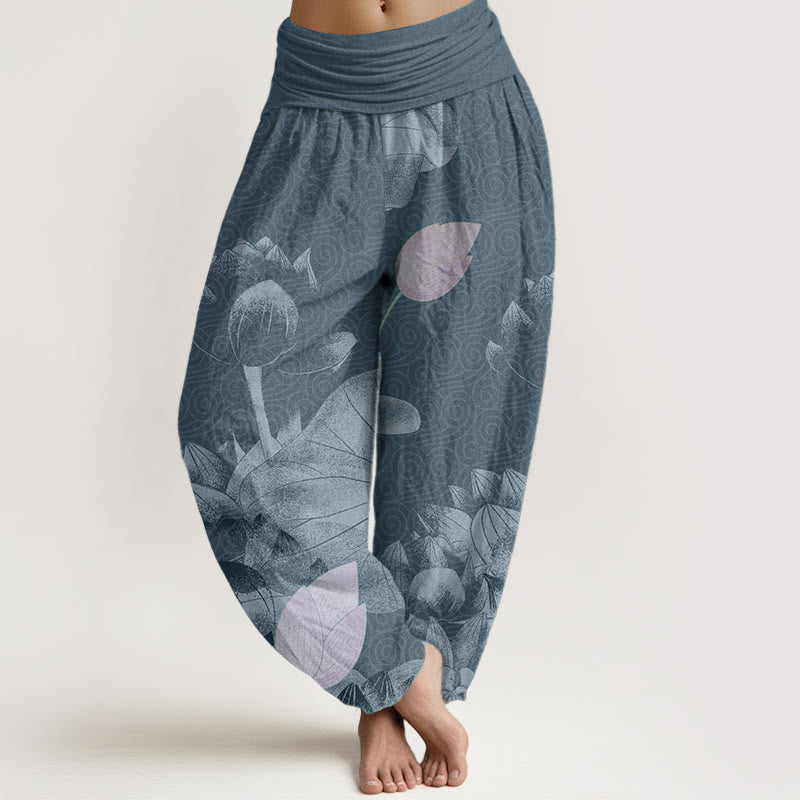 Buddha Stones Cotton Pink And White Lotus Women's Elastic Waist Harem Pants - SteelBlue - US22,UK/AU26,EU54 (6XL) - image 4