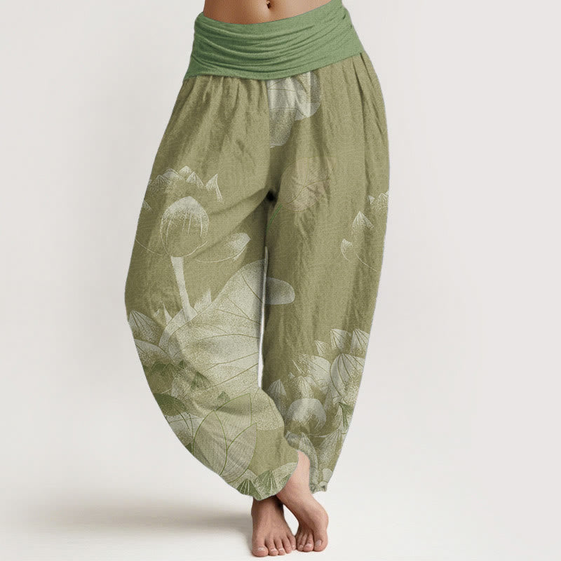 Buddha Stones Cotton Pink And White Lotus Women's Elastic Waist Harem Pants - DarkKhaki - US22,UK/AU26,EU54 (6XL) - image 7