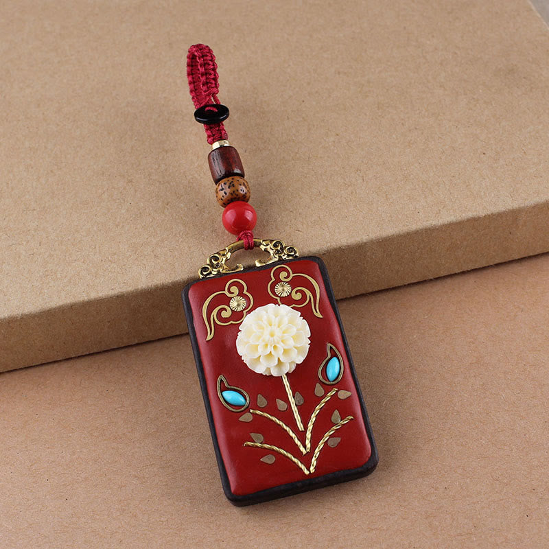 Buddha Stones Ebony Flower Koi Fish Fu Character Button Rope Key Chain - Red Button Rope - Hydrangea - image 18