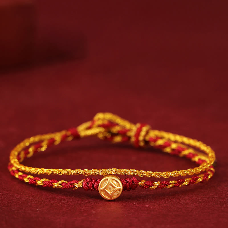 Buddha Stones 999 Gold Beads Copper Coin Double Wrap Golden Red String Connection Braided Bracelet - 999 Gold Copper Coin - image 6