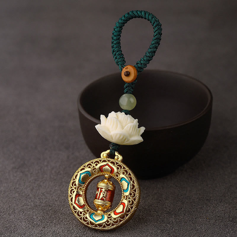 Buddha Stones Bodhi Seed Lotus Hetian Jade Bead Copper Rotatable Peace Key Chain - Prayer Wheel - Green Button Rope - image 14