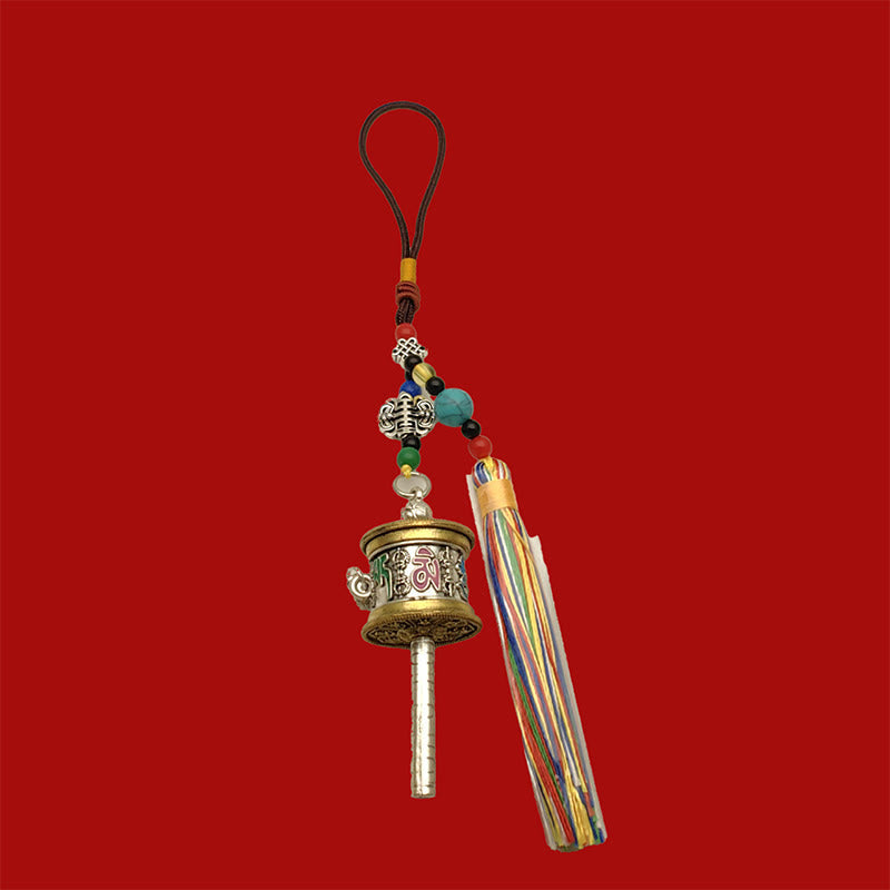 Buddha Stones Prayer Wheel Om Mani Padme Hum Colorful Tassels Purity Key Chain - Vintage Silver - image 12