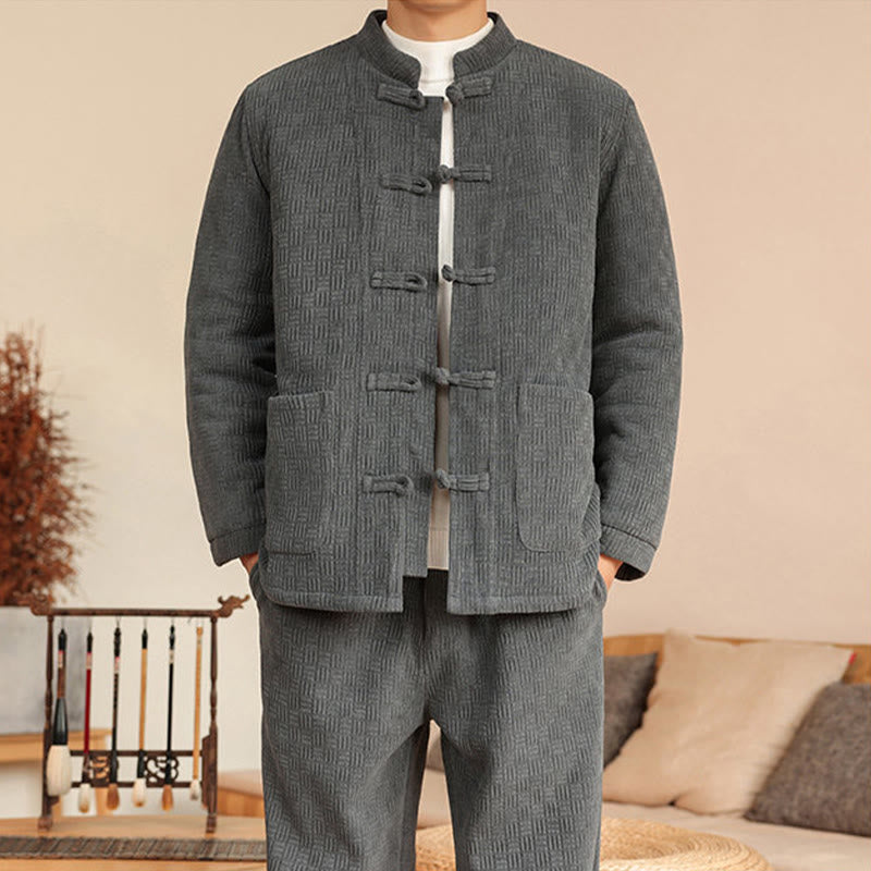 Buddha Stones 2Pcs Winter Solid Men's Tang Suit Frog-Button Cotton Long Sleeve Jacket Pants Set With Pockets - image 8