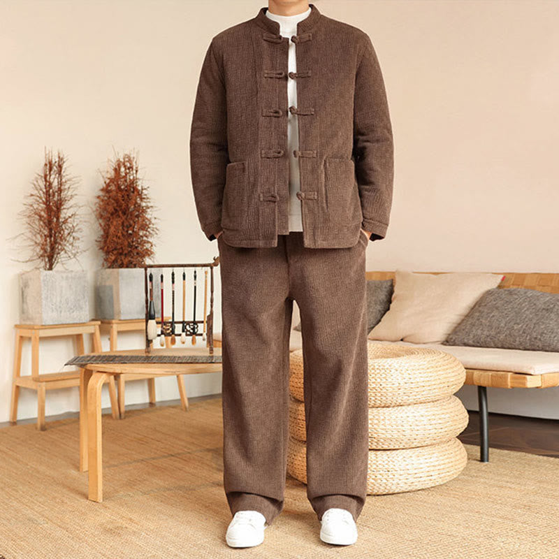 Buddha Stones 2Pcs Winter Solid Men's Tang Suit Frog-Button Cotton Long Sleeve Jacket Pants Set With Pockets - Peru - US/UK/AU46,EU56 (5XL) - image 25