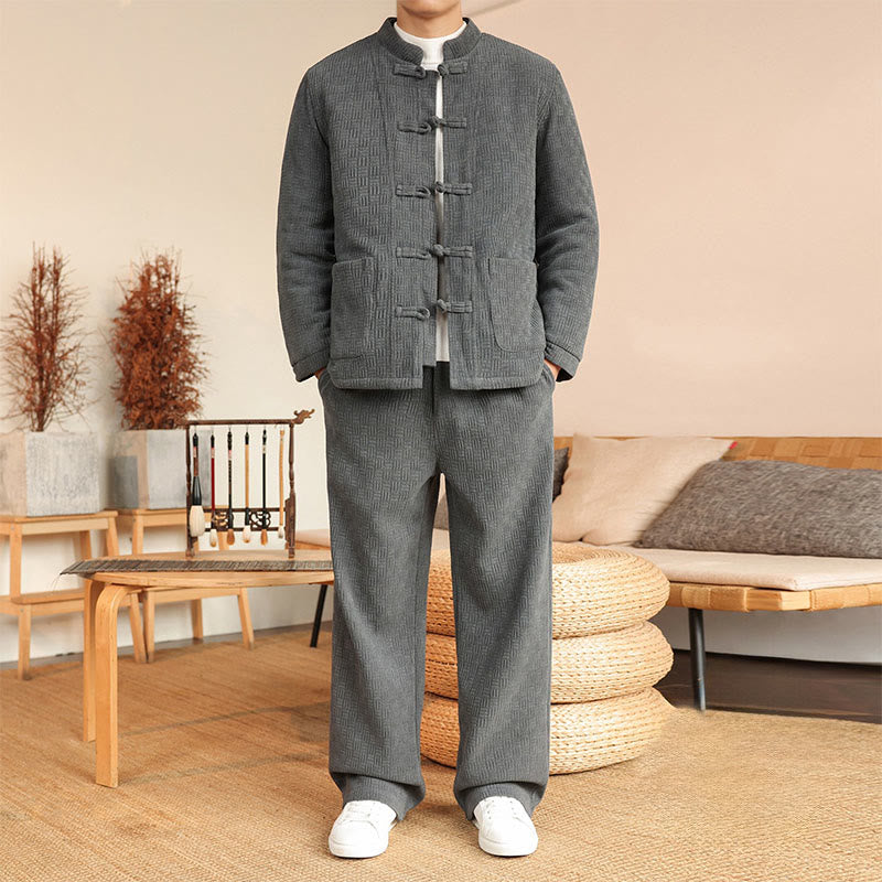 Buddha Stones 2Pcs Winter Solid Men's Tang Suit Frog-Button Cotton Long Sleeve Jacket Pants Set With Pockets - Gray - US/UK/AU46,EU56 (5XL) - image 0