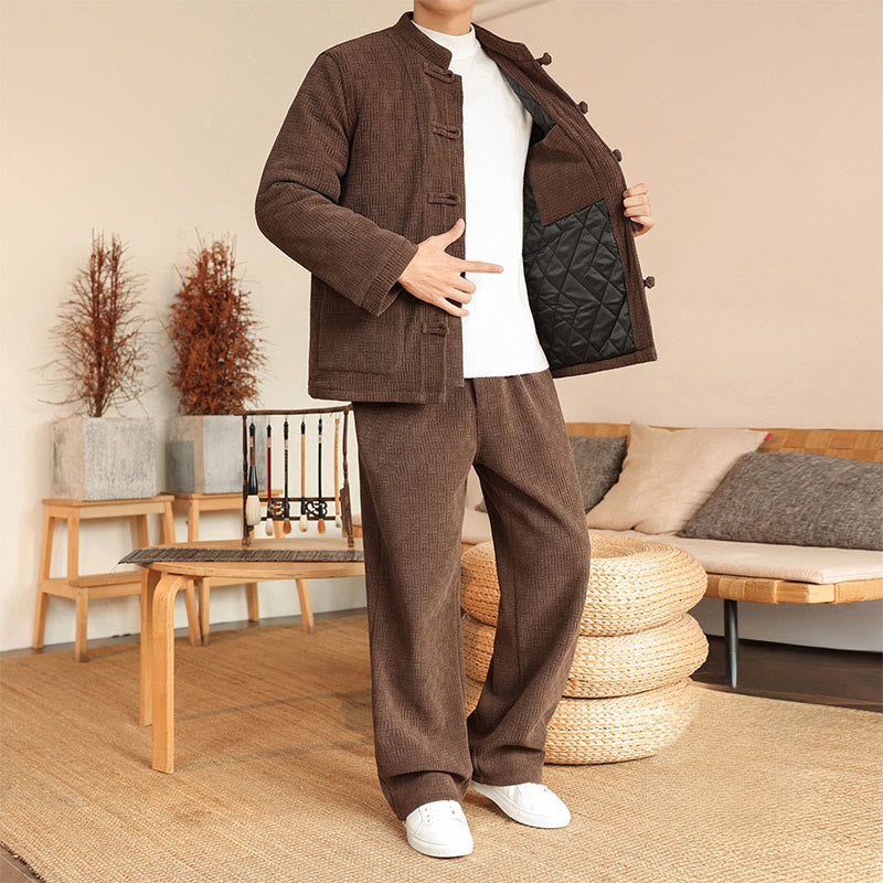 Buddha Stones 2Pcs Winter Solid Men's Tang Suit Frog-Button Cotton Long Sleeve Jacket Pants Set With Pockets - image 30